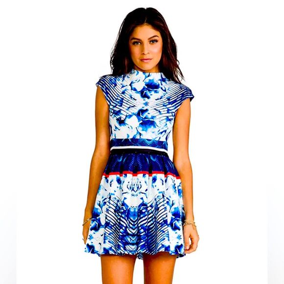 NICHOLAS x Revolve High Neck Box Pleat Melted Floral Scuba Dress Size 4 - Picture 1 of 11